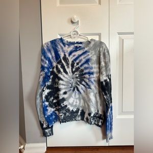 Fate Blue, Grey, and Black Tie Dye Swirl Sweater Crewneck with Distressed Detail